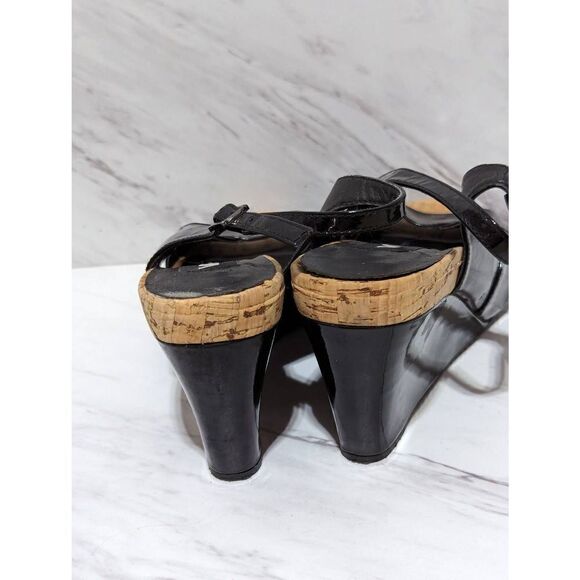 Van Eli Women's Black Patent Leather 3" Wedge Cork Trim Heels Slingback Size 8 - Picture 3 of 8